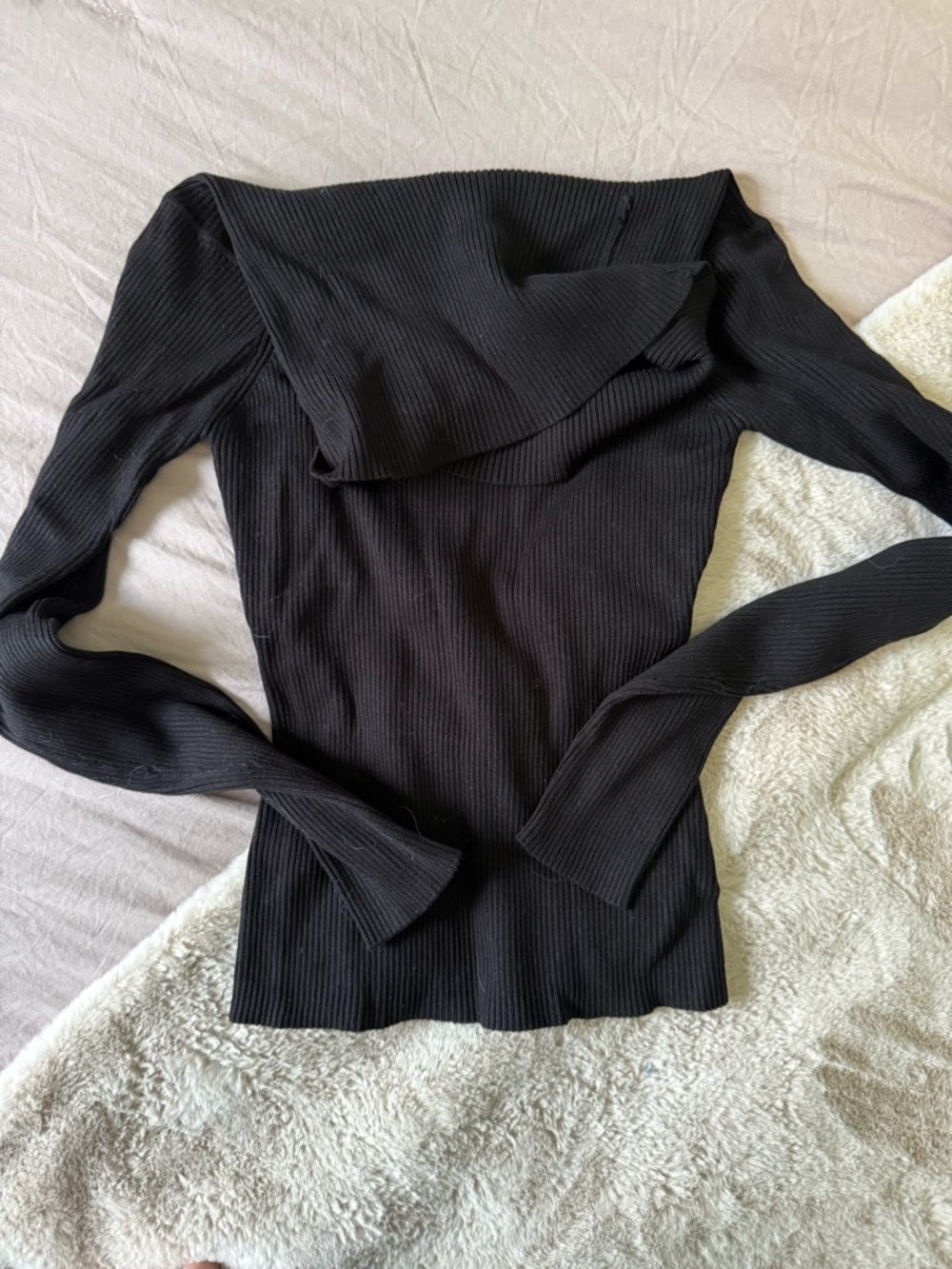 Sleek Black Ribbed Cowl Neck Sweater